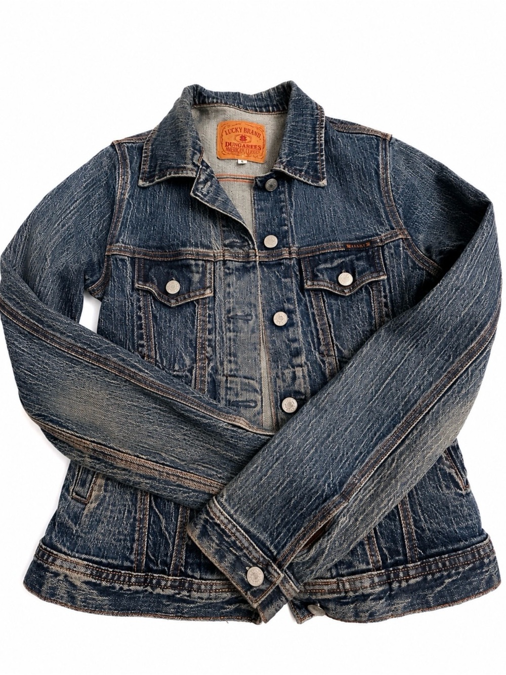 Vintage Lucky Brand Dungarees USA Denim Jacket Womens L Gene Montesano Trucker - Picture 4 of 11